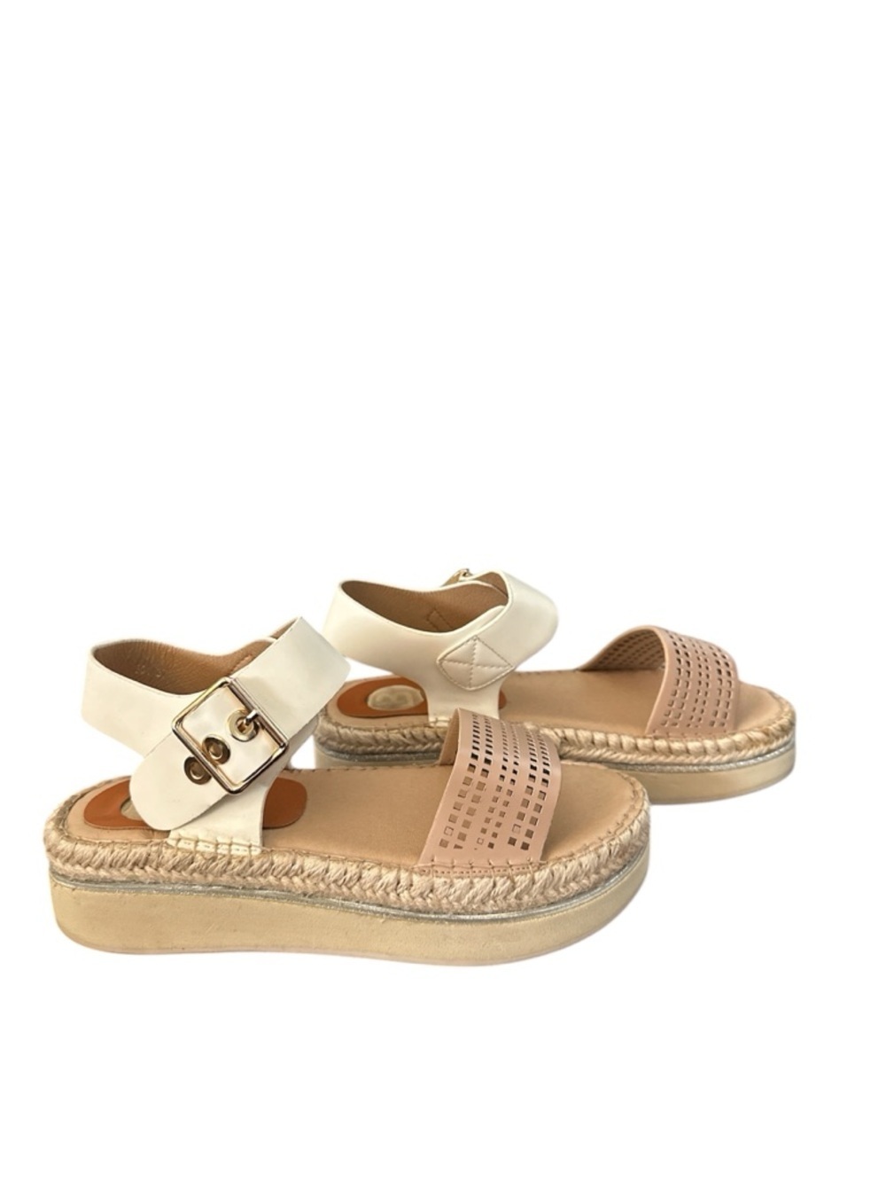 Laura Biagiotti Platform Size 37 Beige White Leather Gold Summer Sandals - Picture 3 of 6